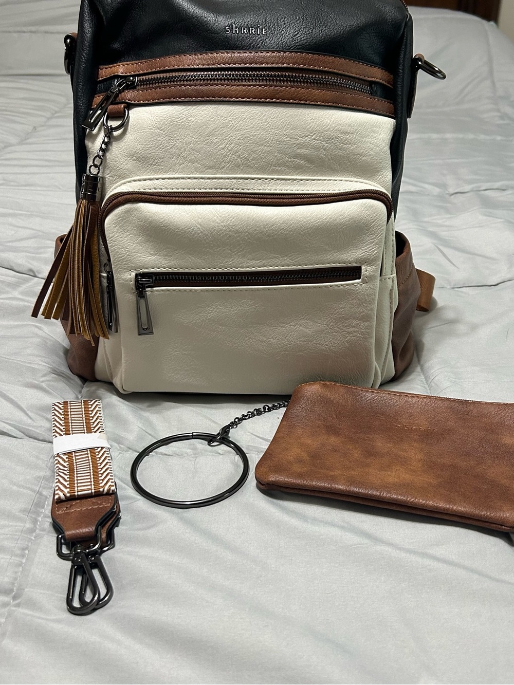 Shrrie Vegan Leather Backpack Neutral Cream Brown Travel Laptop Bag - Picture 11 of 14
